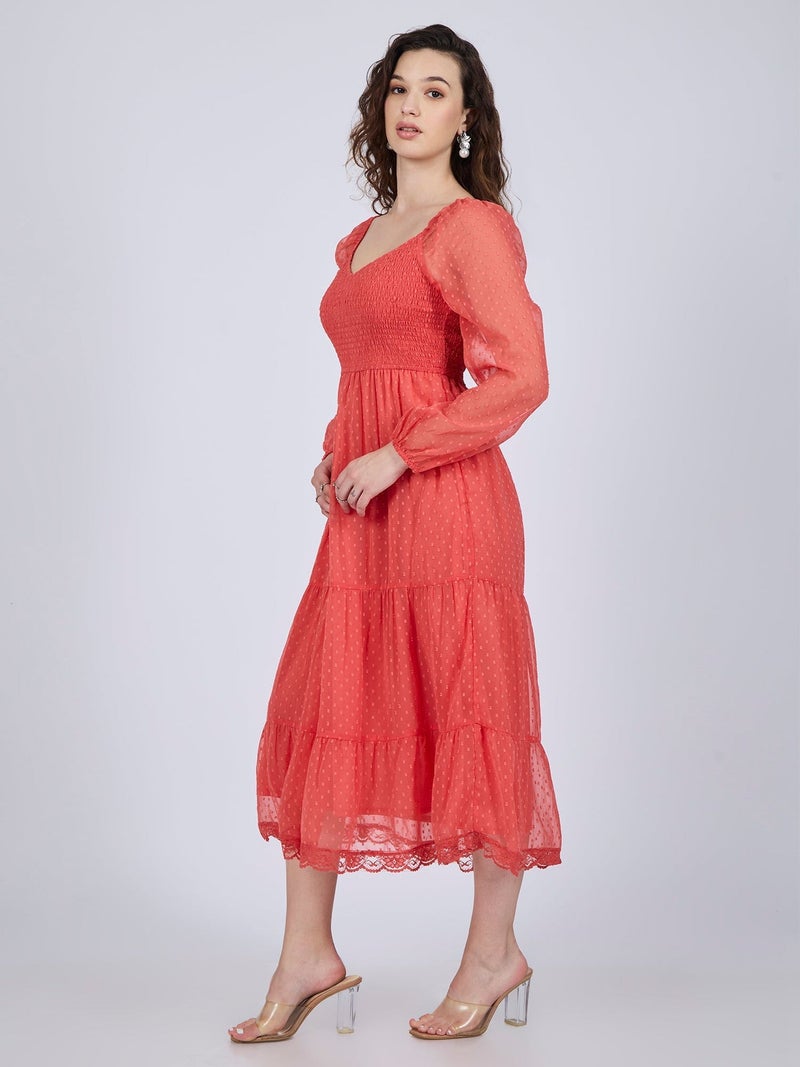 OUTZIDR Coral Tiered Midi Dress - Image 1